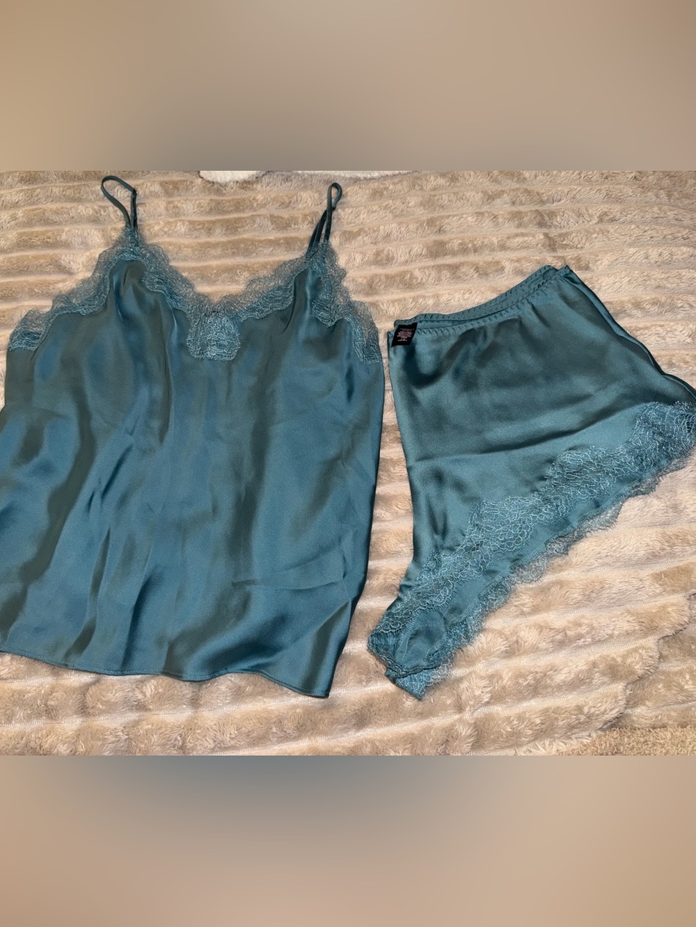 Satin Lace Trim Cami & Brief Set - Teal color size large from Victoria’s Secret